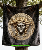 Versace Medusa Head Emblem with Gold and Silver Finish Flannel Throw Blanket in Black Gold and Silver IMG_1582